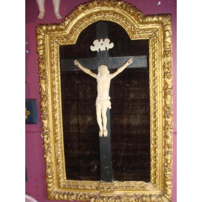 Christ En Ivoire Cadre Bois Dore XVIII Eme