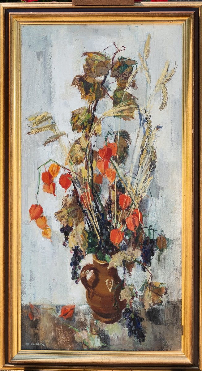 Paul Girol ( 1911-1988) - Composition aux physalis, grappes de raisins, branches de noisetiers -photo-2