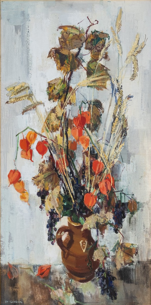 Paul Girol ( 1911-1988) - Composition aux physalis, grappes de raisins, branches de noisetiers 
