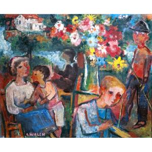 Charles Walch ( 1896-1948) - Famille dans un  jardin fleuri
