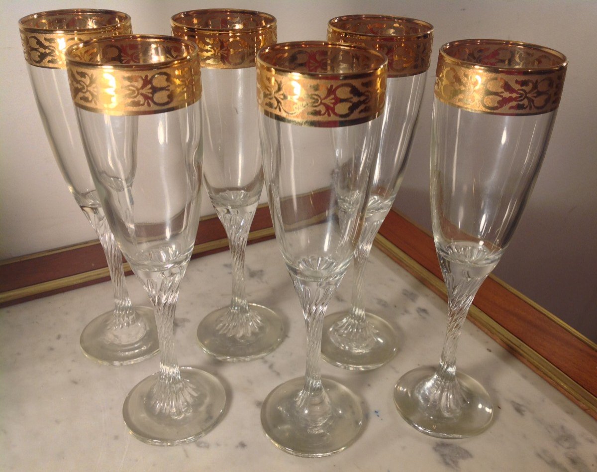 6 Champagne Flutes In Crystal And Fine Gold Frieze 21 Cm