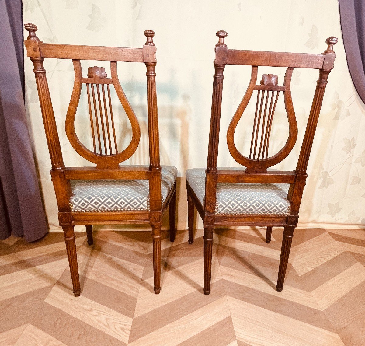 Paire De Chaises Louis XVI à Dossier Lyre , XXe Siècle -photo-1