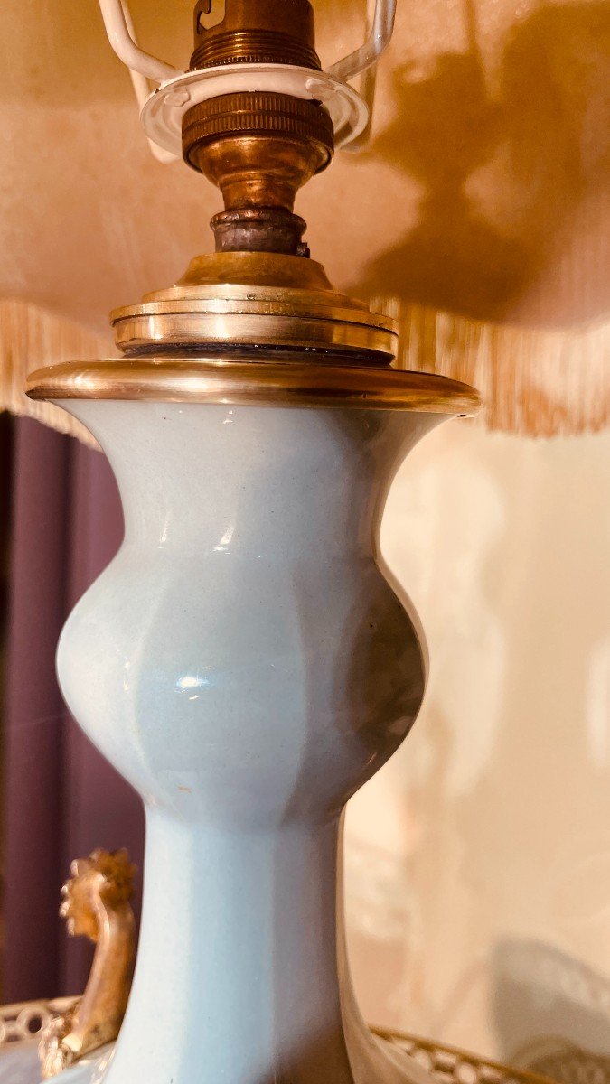Celadon Porcelain Lamp Mounted In Gilt Bronze, Vintage Late 19th Century -photo-3