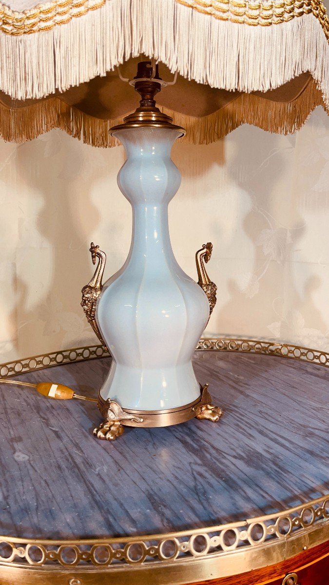 Celadon Porcelain Lamp Mounted In Gilt Bronze, Vintage Late 19th Century -photo-5