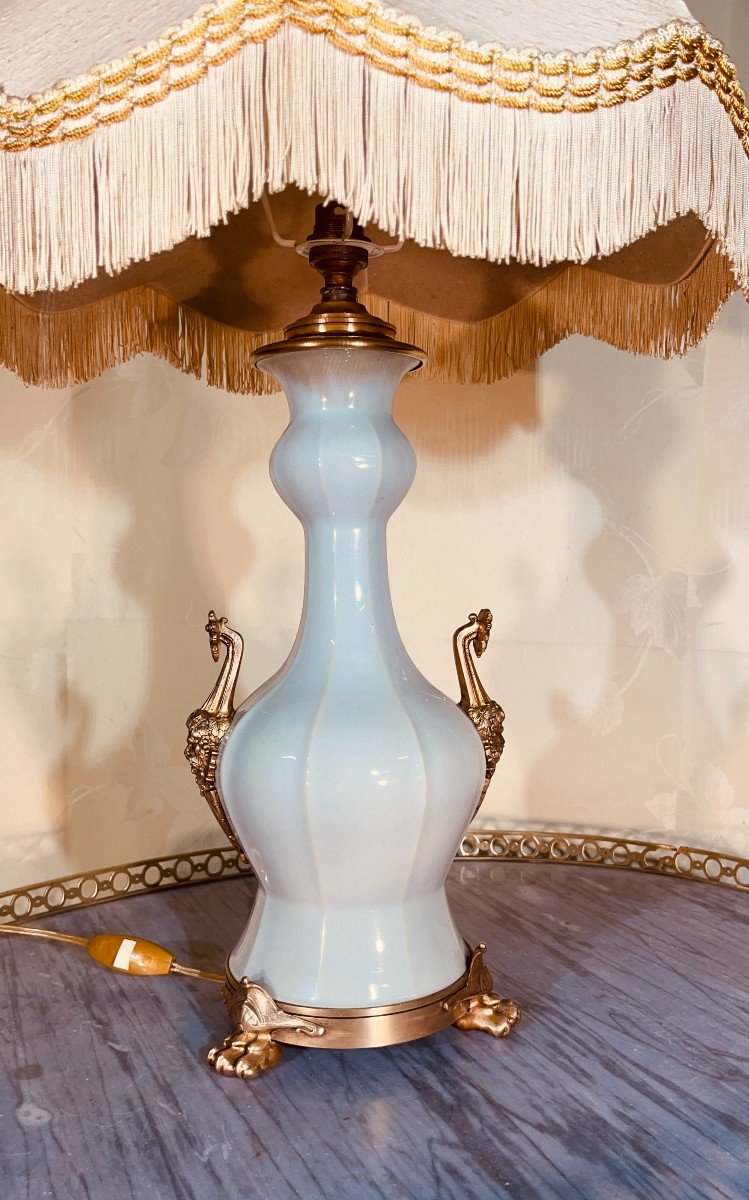 Celadon Porcelain Lamp Mounted In Gilt Bronze, Vintage Late 19th Century 