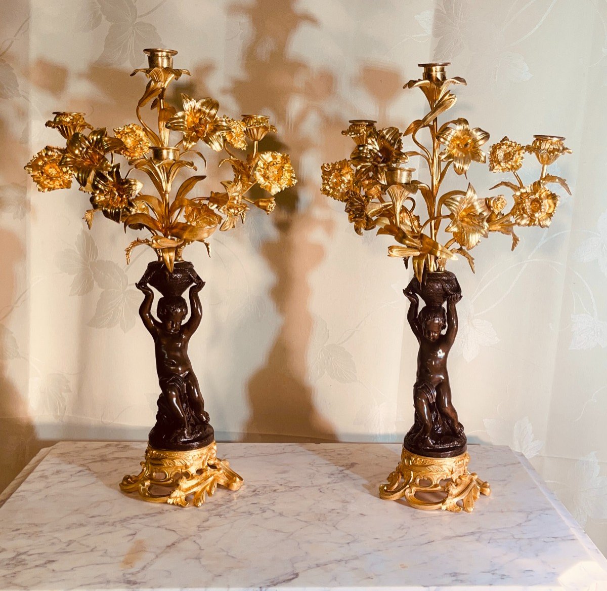 Pair Of Bronze Candelabra, 50 Cm, 19th Century  