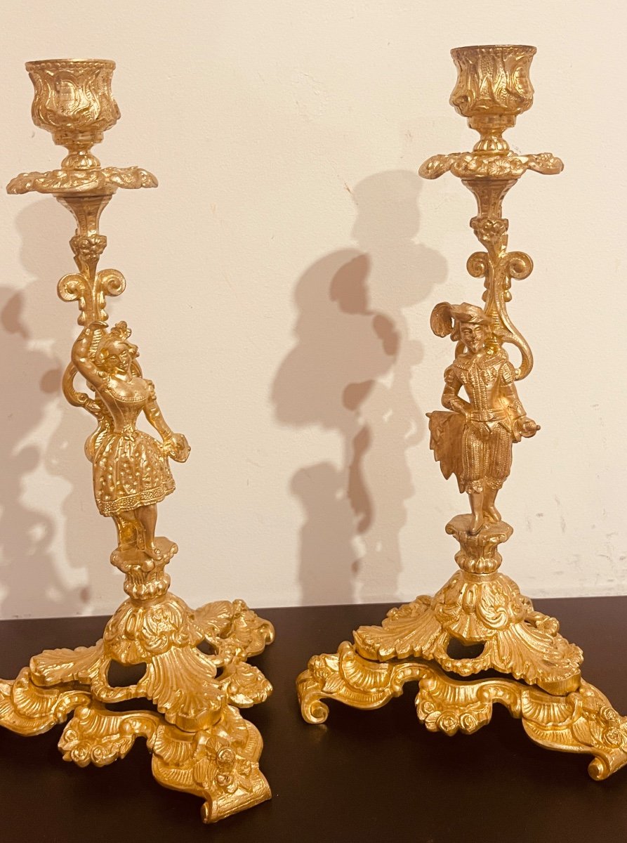 Pair Of Bronze Candlesticks, 19th Century 