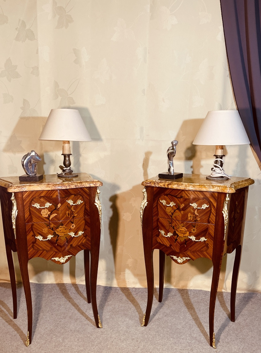 Paire De Chevets Louis XV En Marqueterie , époque XXe -photo-7