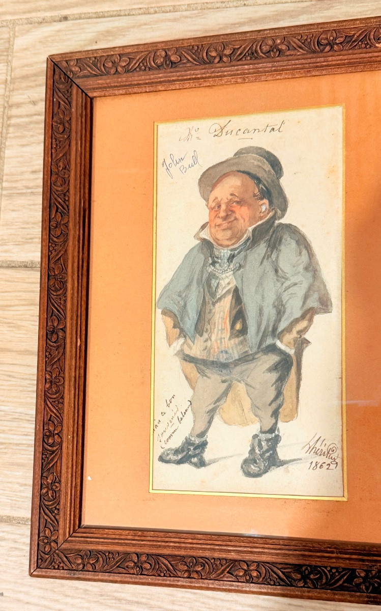 Pair Of Humorous Caricatural Watercolors, Dated 1862, 19th Century -photo-2