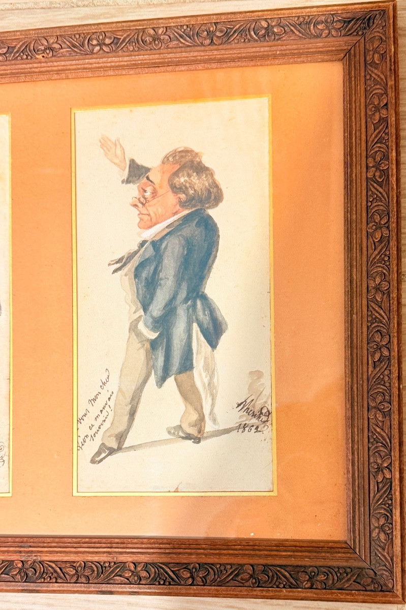 Pair Of Humorous Caricatural Watercolors, Dated 1862, 19th Century -photo-3