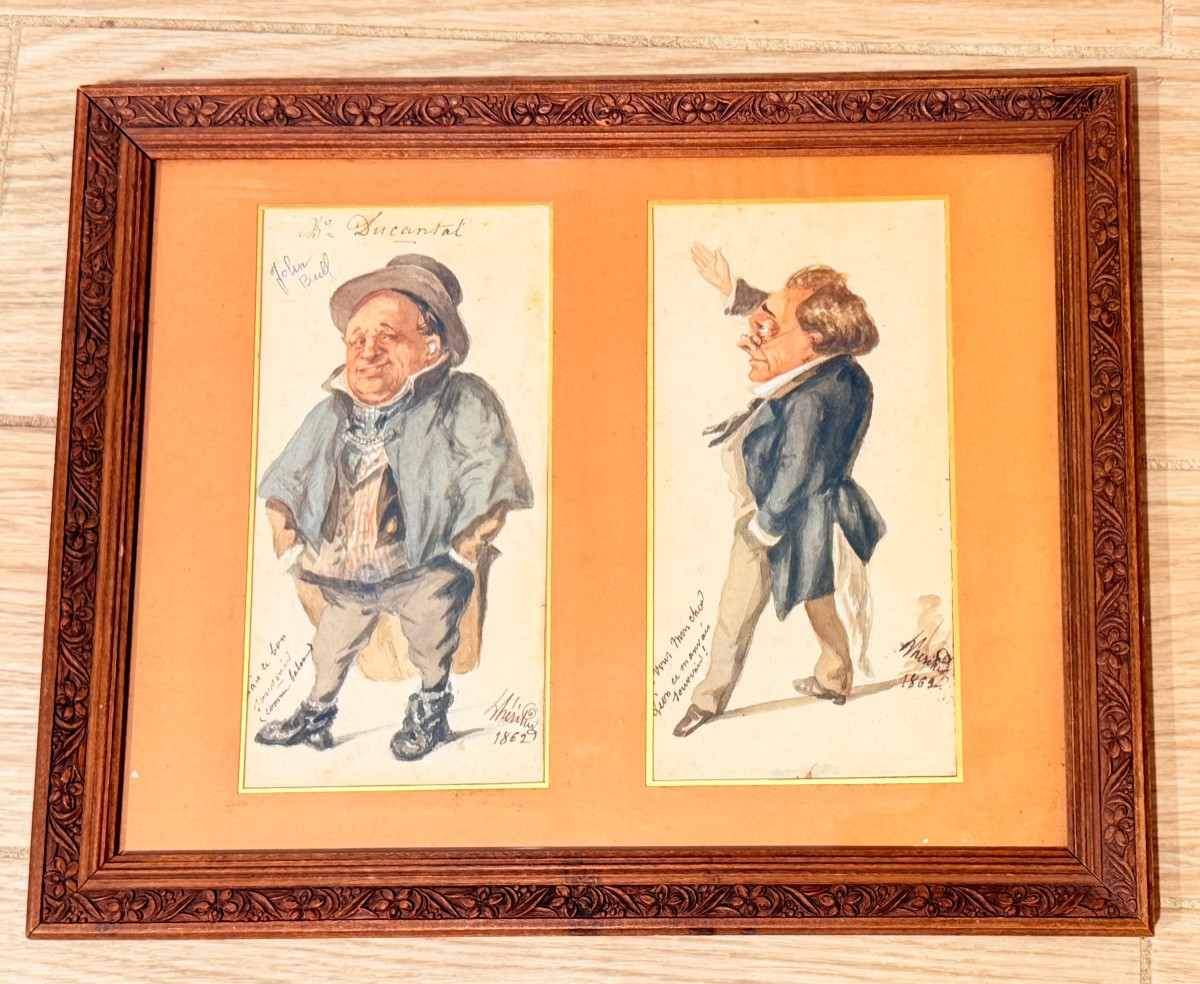 Pair Of Humorous Caricatural Watercolors, Dated 1862, 19th Century -photo-4