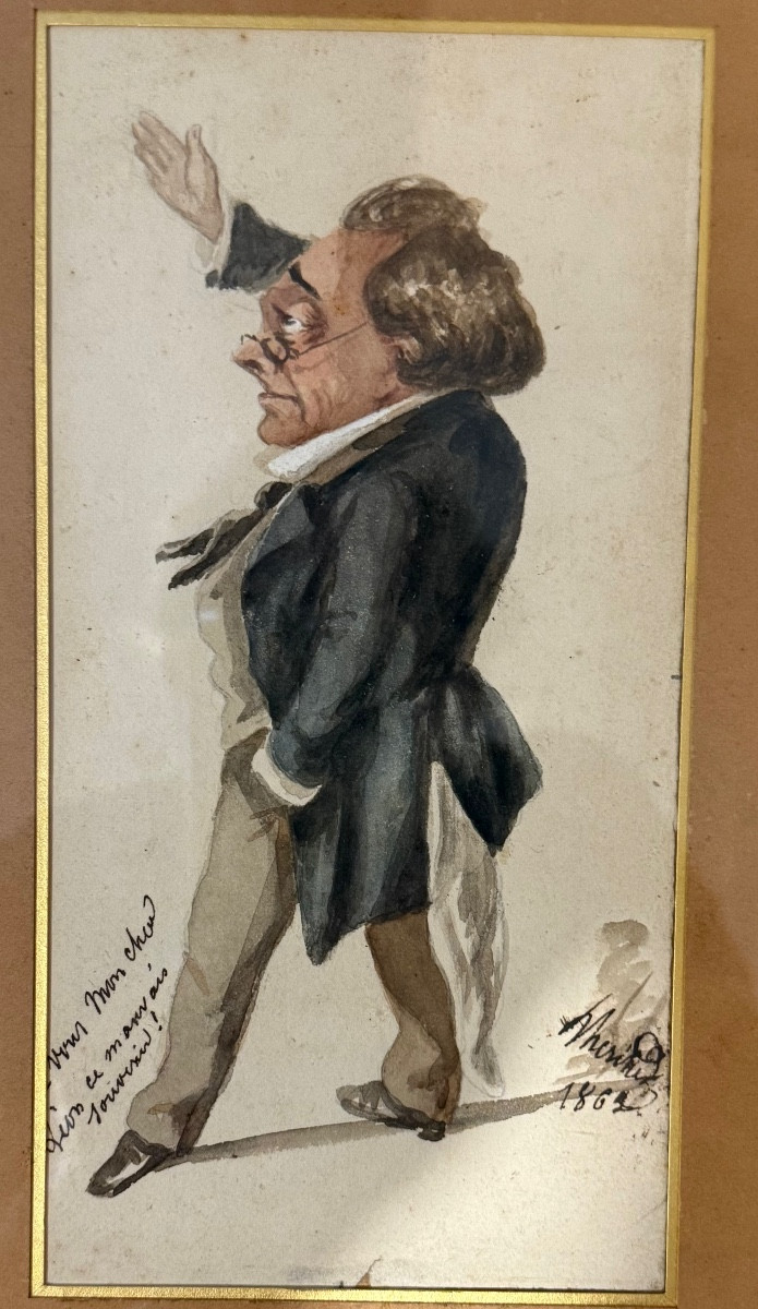 Pair Of Humorous Caricatural Watercolors, Dated 1862, 19th Century -photo-5