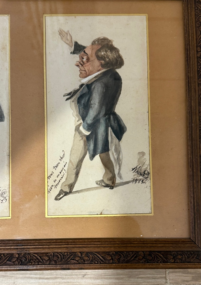 Pair Of Humorous Caricatural Watercolors, Dated 1862, 19th Century -photo-7