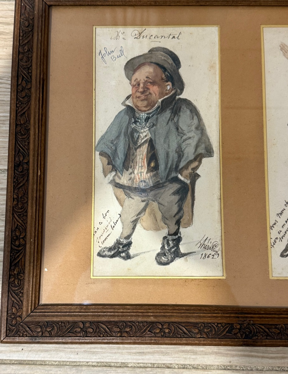 Pair Of Humorous Caricatural Watercolors, Dated 1862, 19th Century -photo-8