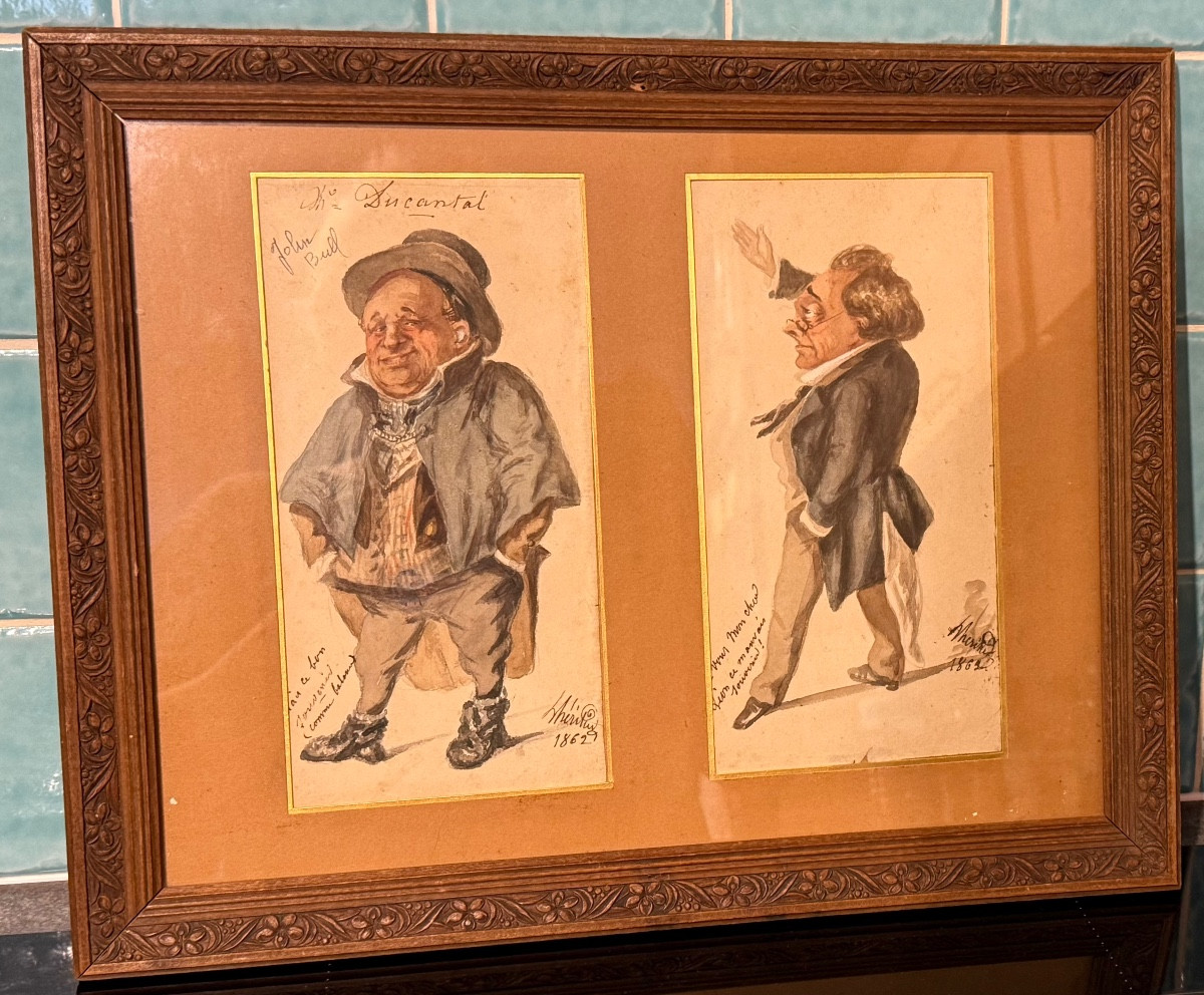 Pair Of Humorous Caricatural Watercolors, Dated 1862, 19th Century 