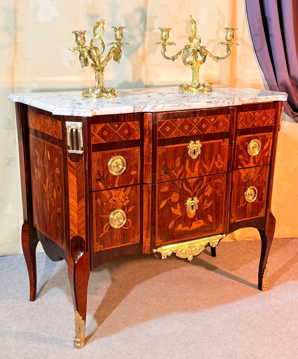 Transitional Marquetry Chest Of Drawers, 18th Century 