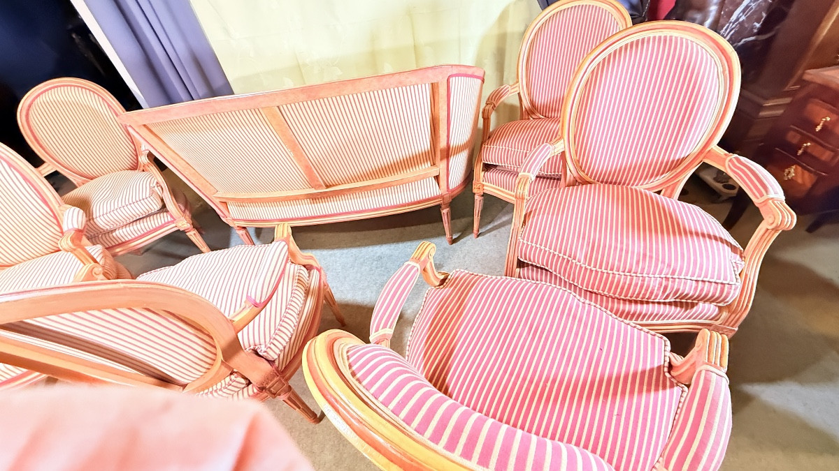 Basket Sofa + 6 Louis XVI Armchairs, 20th Century -photo-1