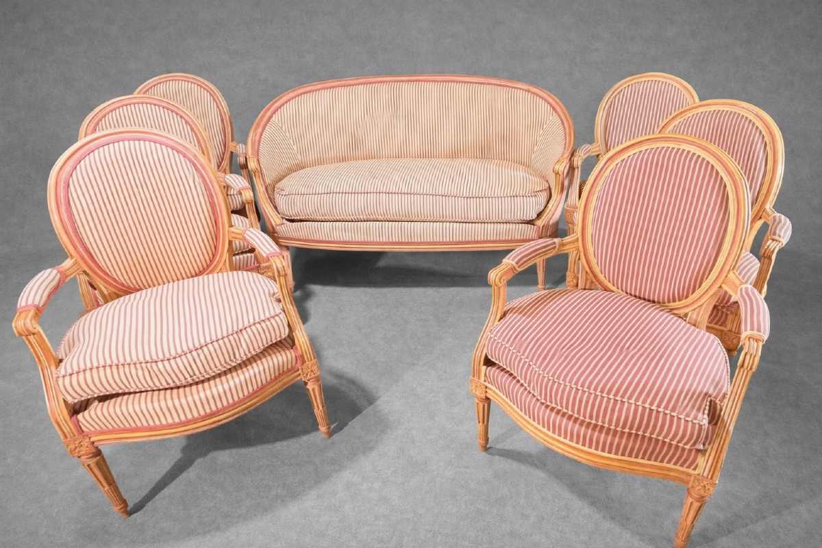 Basket Sofa + 6 Louis XVI Armchairs, 20th Century 