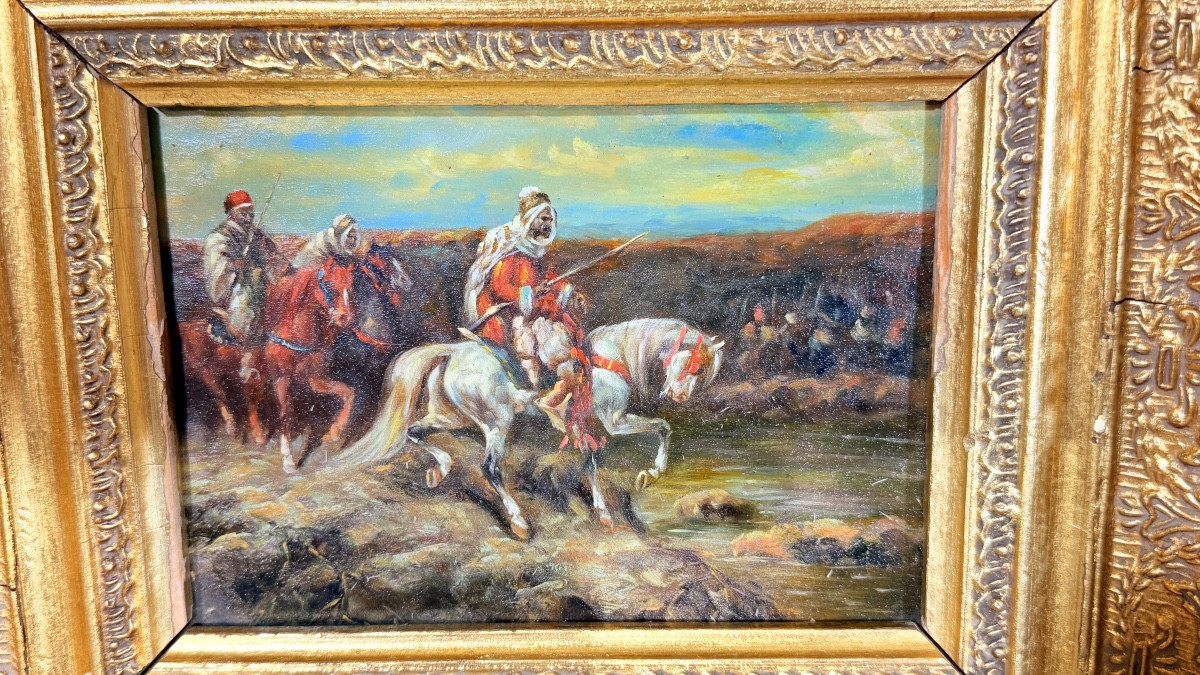 École Orientaliste , Huile sur Bois : Cavaliers arabes , XIXe -photo-2