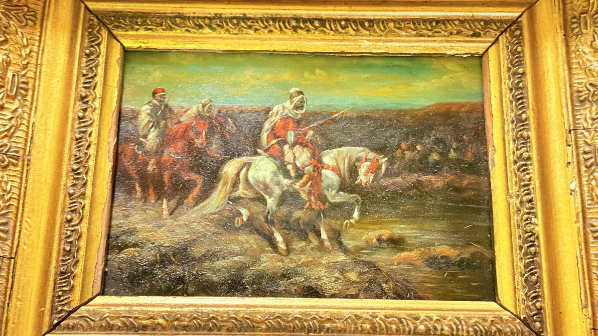 École Orientaliste , Huile sur Bois : Cavaliers arabes , XIXe -photo-3