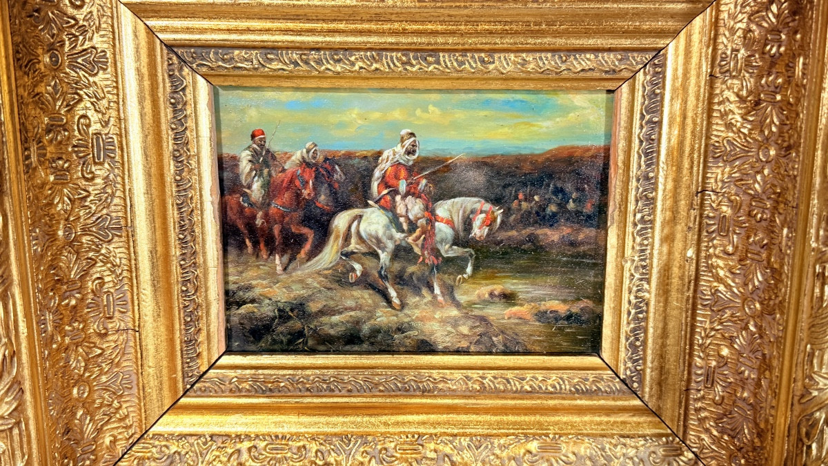 École Orientaliste , Huile sur Bois : Cavaliers arabes , XIXe -photo-2