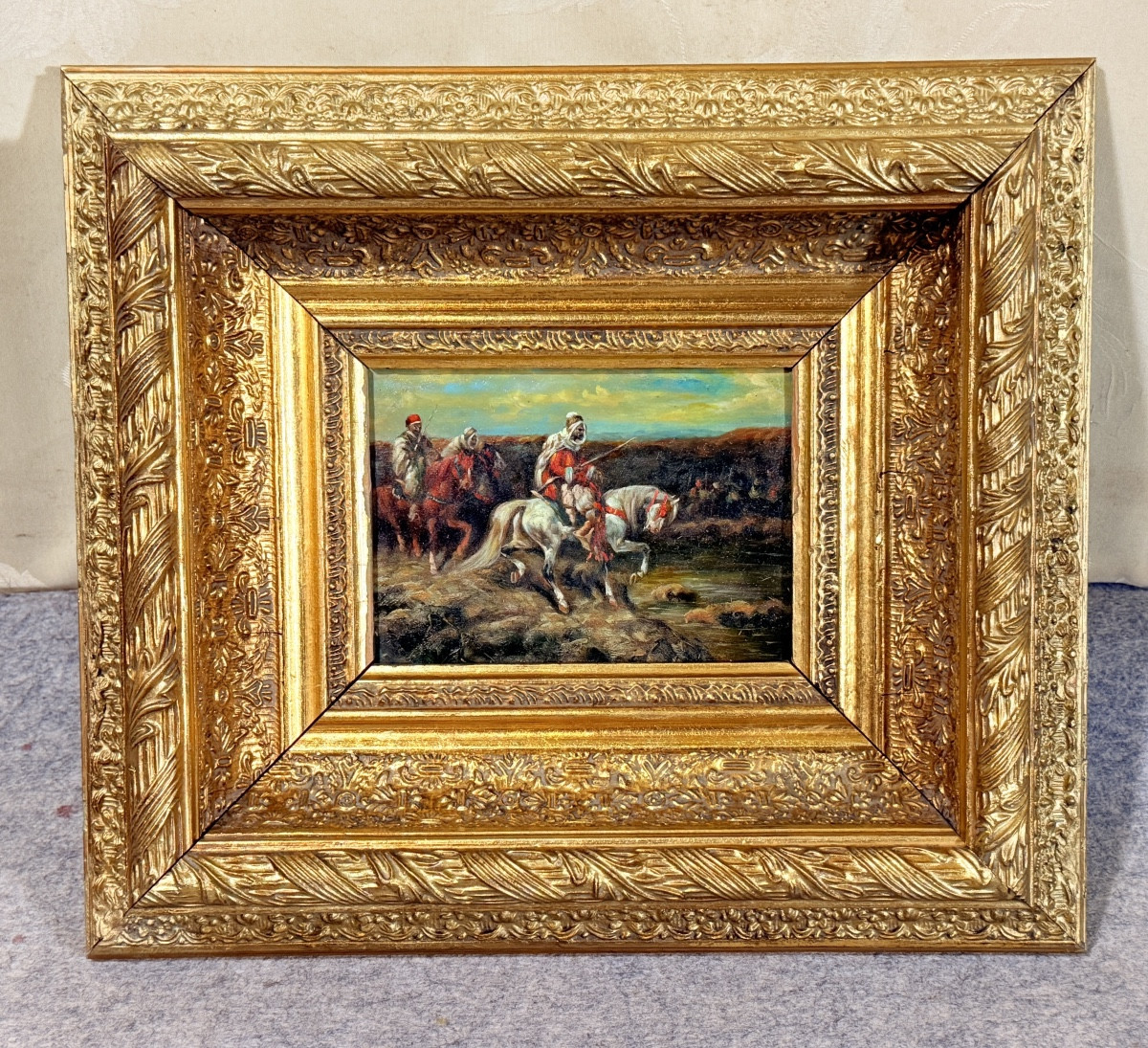 École Orientaliste , Huile sur Bois : Cavaliers arabes , XIXe -photo-3