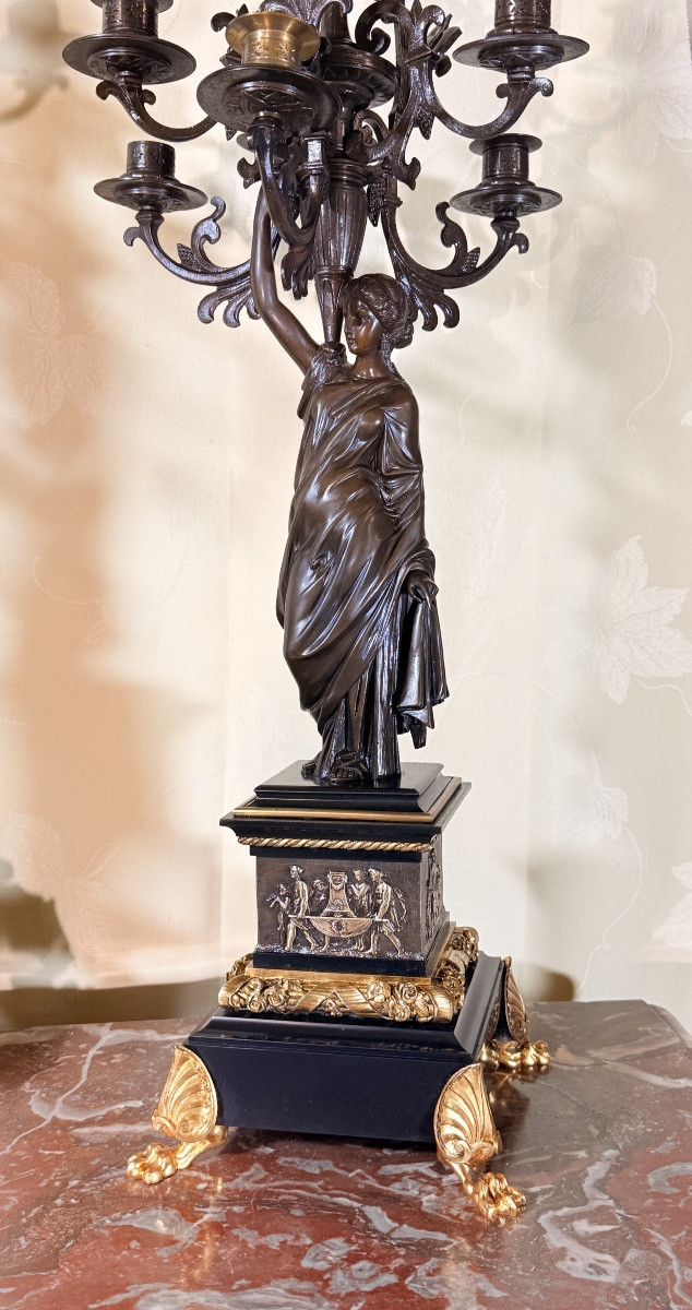 Paire de candélabres  aux Vestales – Bronze patiné et bronze doré – XIXe sièc-photo-4