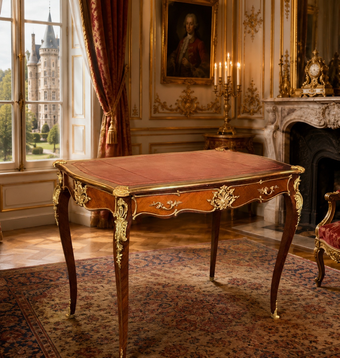 Bureau Louis XV en Marqueterie , Époque XIXe Siècle 