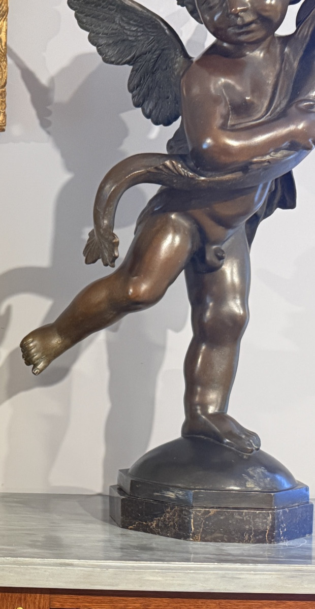 Bronze Of A Putti Holding A Dauphin , H ; 75 Cm'-photo-2