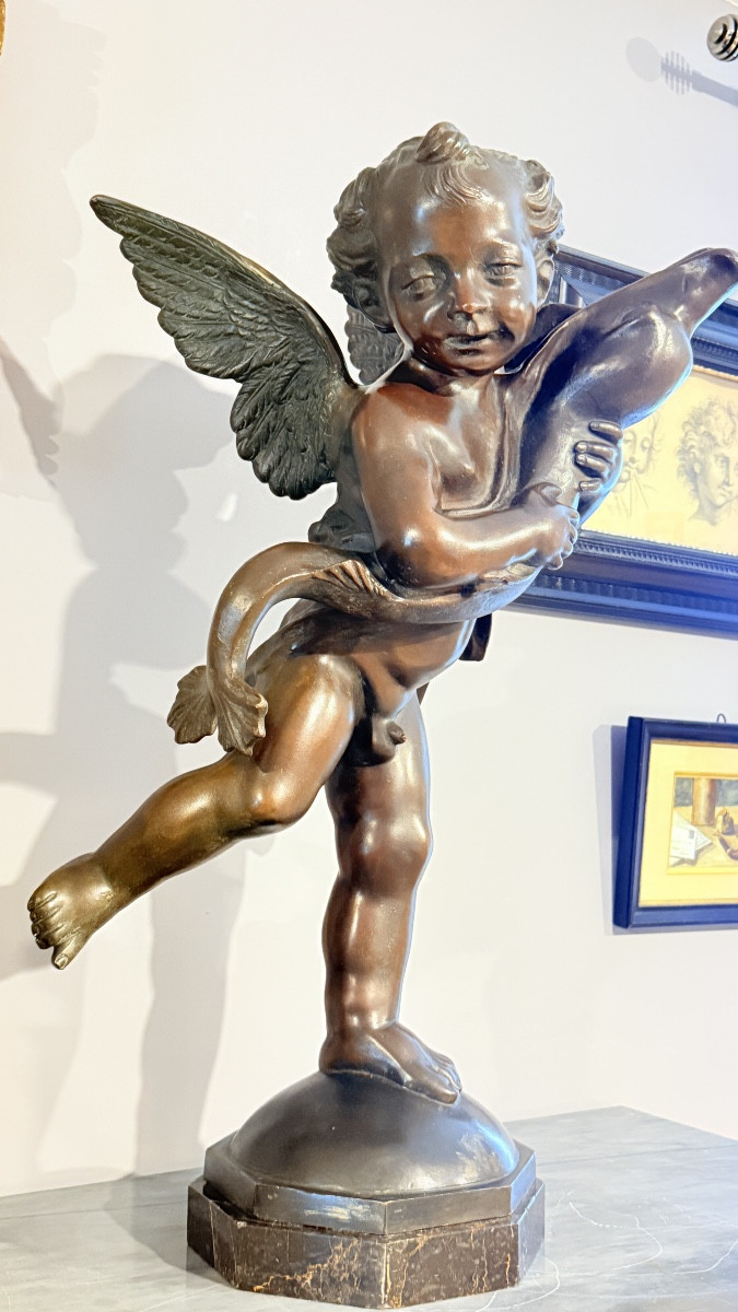 Bronze Of A Putti Holding A Dauphin , H ; 75 Cm'-photo-3