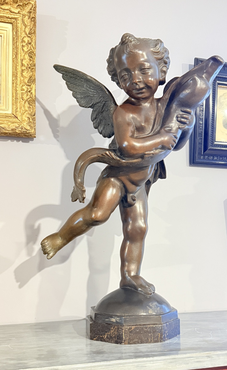 Bronze Of A Putti Holding A Dauphin , H ; 75 Cm'-photo-5