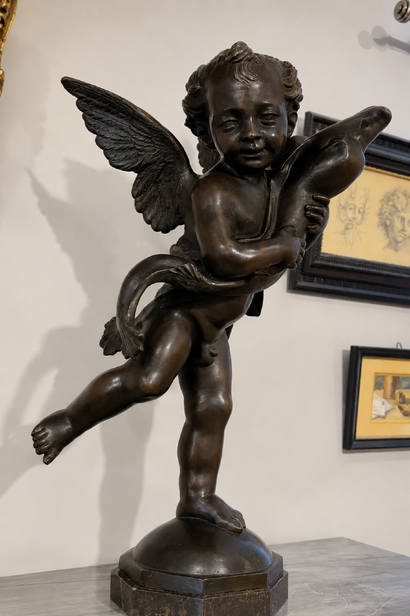 Bronze Of A Putti Holding A Dauphin , H ; 75 Cm'