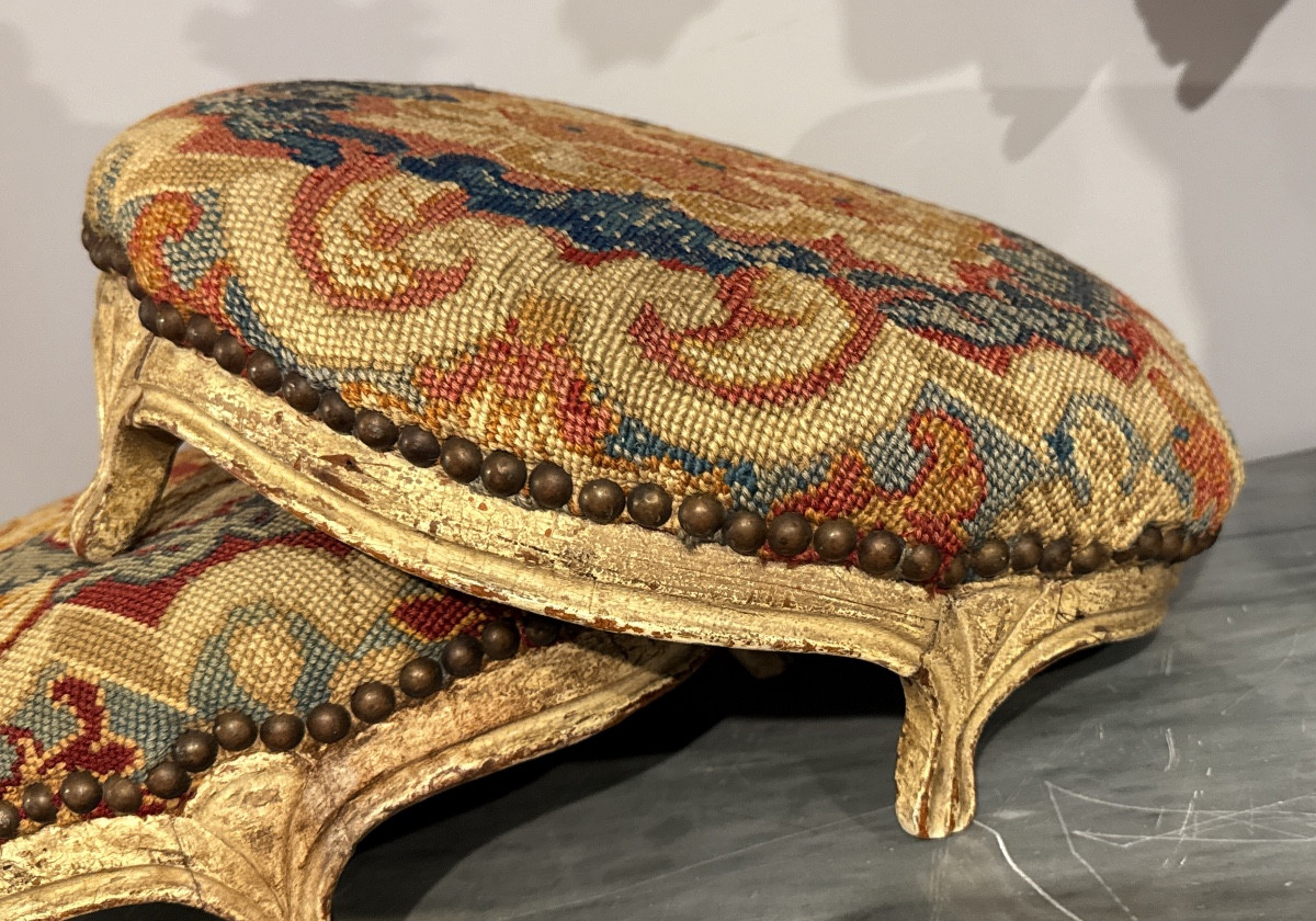 Paire de Tabourets Louis XV , Époque XVIIIe Siècle -photo-1
