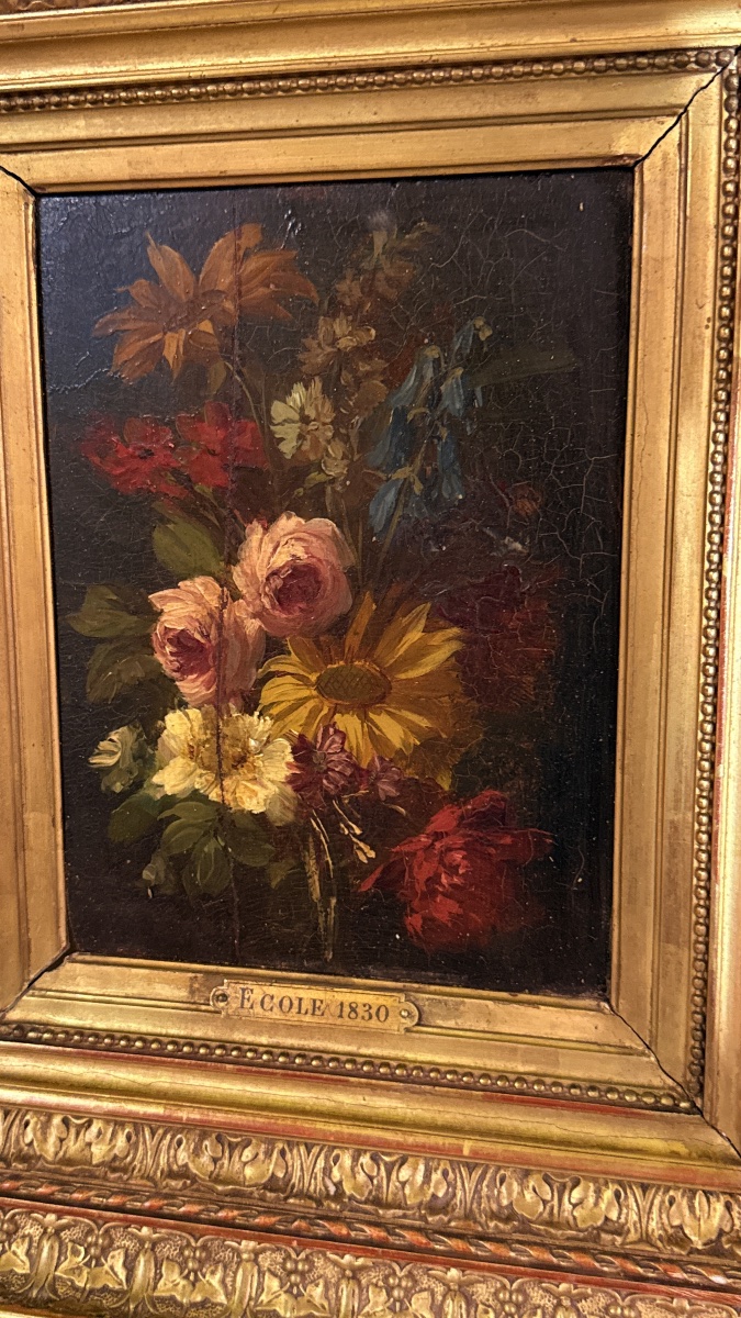Paire de Tableau de Fleurs : École 1830 , XIXe Siècle -photo-2