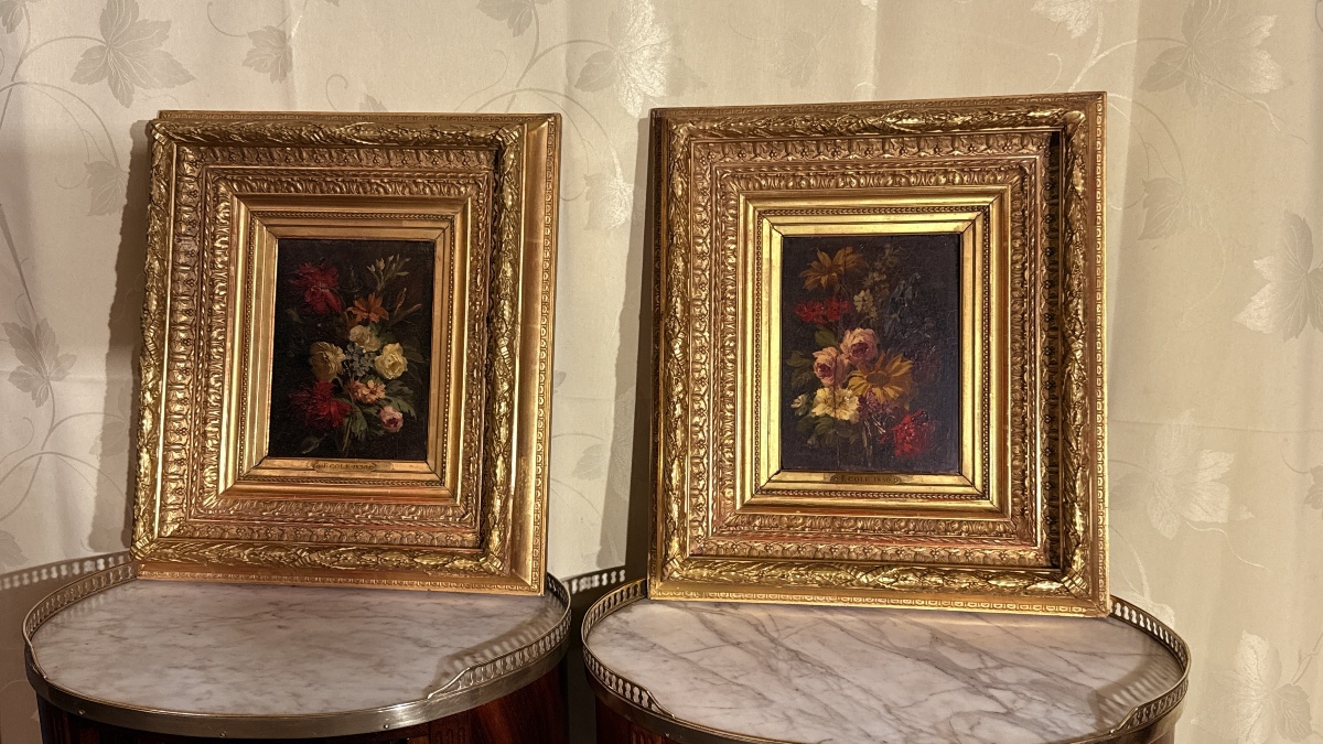 Paire de Tableau de Fleurs : École 1830 , XIXe Siècle -photo-3