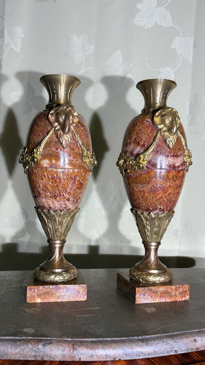 Paire de Cassolettes en Marbre et Bronze ,  19eme Siècle -photo-2