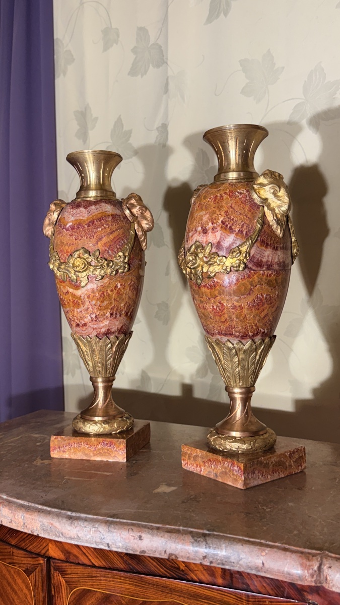 Paire de Cassolettes en Marbre et Bronze ,  19eme Siècle -photo-7