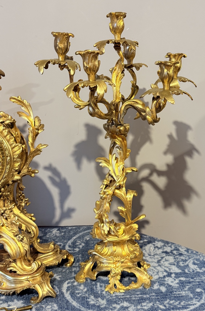 Garniture de Cheminée Louis XV En Bronze , XIXe Siècle -photo-1