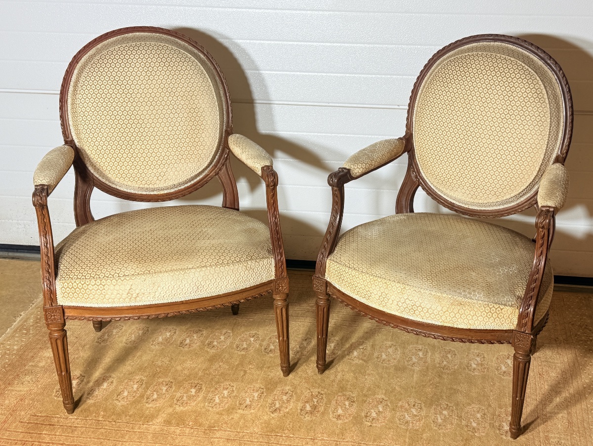 Paire de Fauteuils Louis XVI , Époque XVIIIe Siècle -photo-7