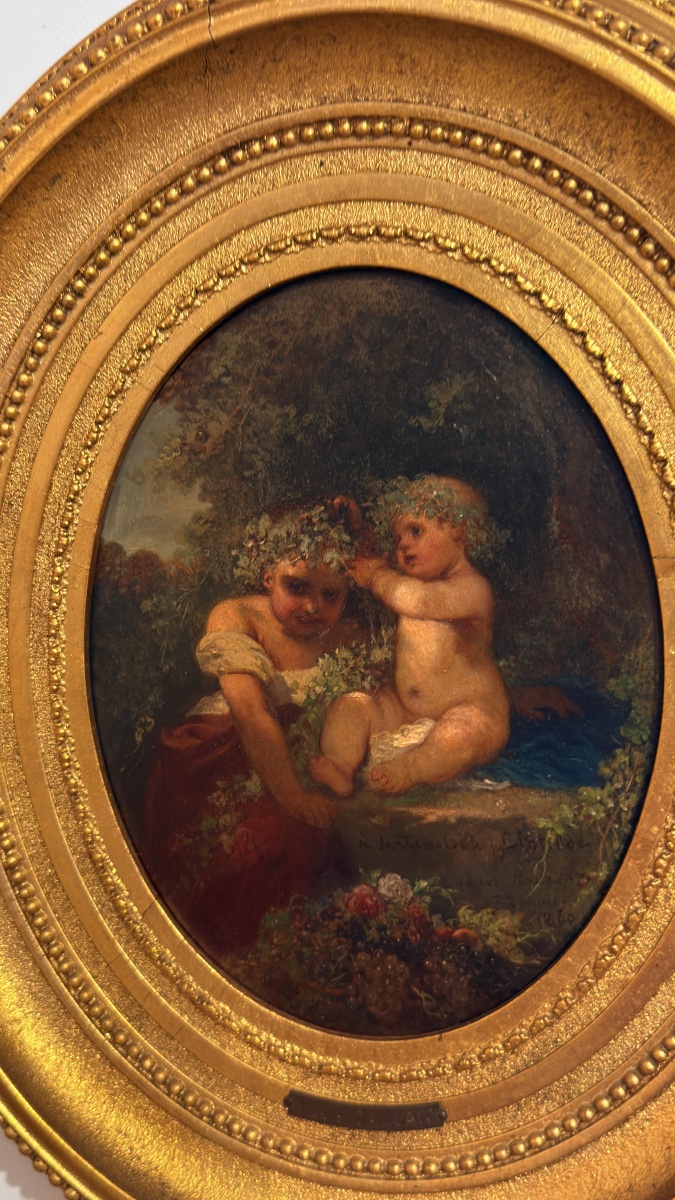 Tableau de Louis GALLAIT , signé 1860 : «   a Melle Clothilde «  -photo-4