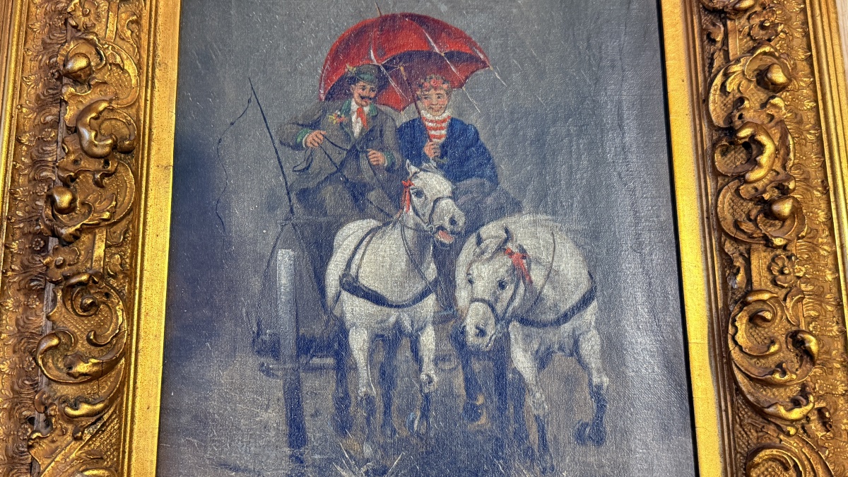 Promenade sous la Pluie , HST signée W. ROLAND , 1860 /1870 -photo-2