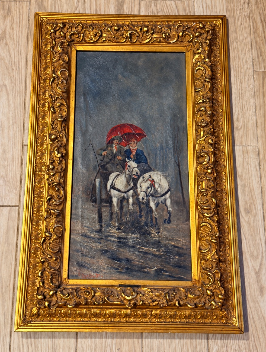 Promenade sous la Pluie , HST signée W. ROLAND , 1860 /1870 