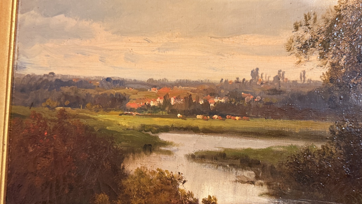 École de Barbizon Signée : Paysage animé à la Rivière XIXe Siècle -photo-3