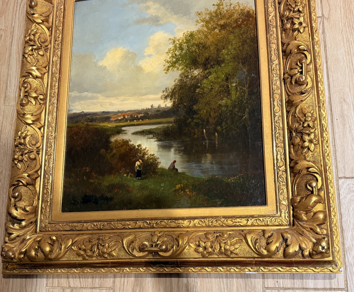 École de Barbizon Signée : Paysage animé à la Rivière XIXe Siècle -photo-1
