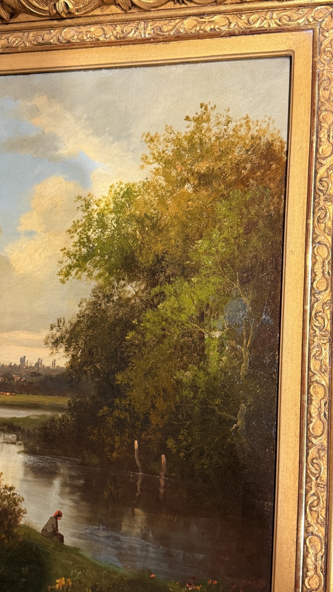 École de Barbizon Signée : Paysage animé à la Rivière XIXe Siècle -photo-3