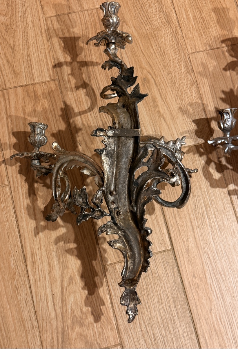 Paire d’Appliques Louis 15 en Bronze argenté ,  XIXe Siècle -photo-8