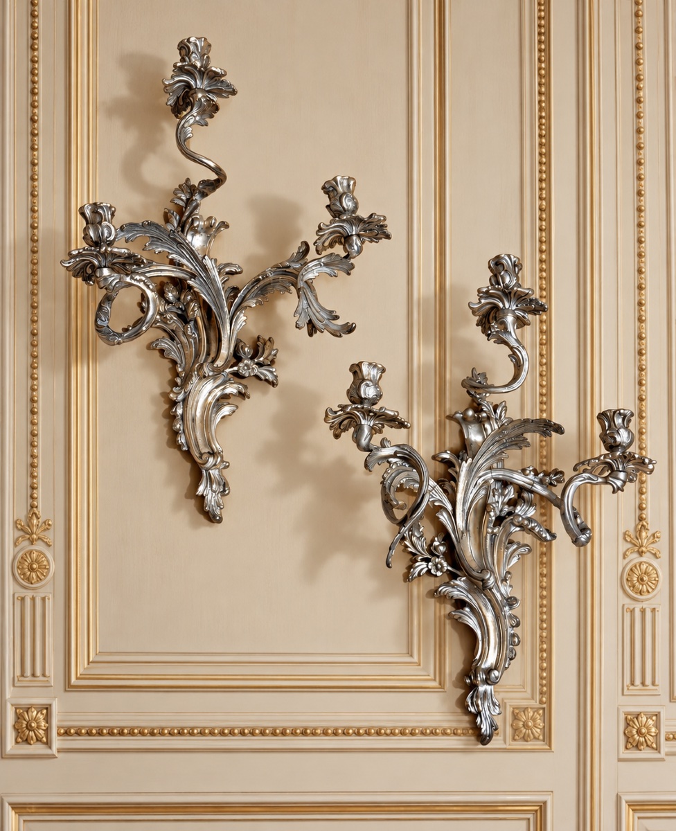 Paire d’Appliques Louis 15 en Bronze argenté ,  XIXe Siècle 