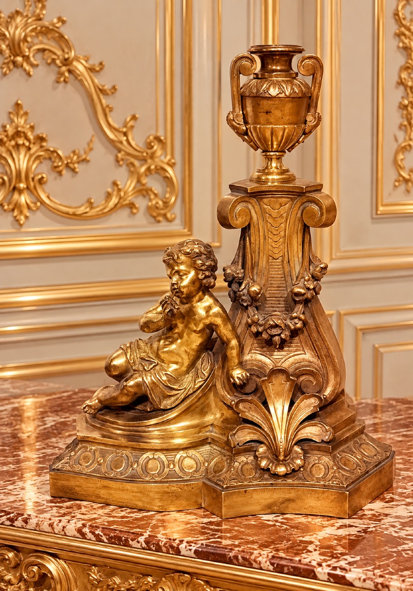 Paire de chenets en bronze doré à décor de putti musiciens – Style Louis XV – XIXᵉ siècle-photo-2