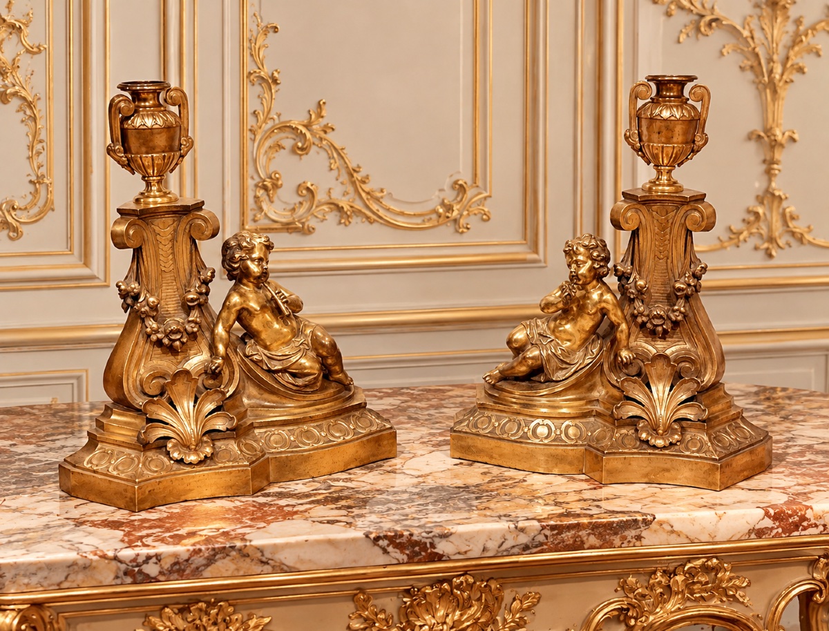 Paire de chenets en bronze doré à décor de putti musiciens – Style Louis XV – XIXᵉ siècle-photo-4