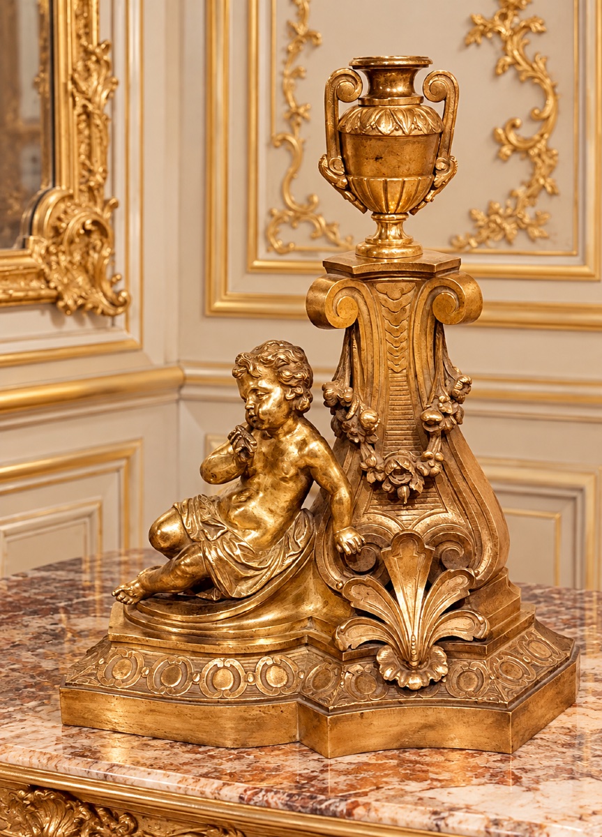 Paire de chenets en bronze doré à décor de putti musiciens – Style Louis XV – XIXᵉ siècle-photo-1